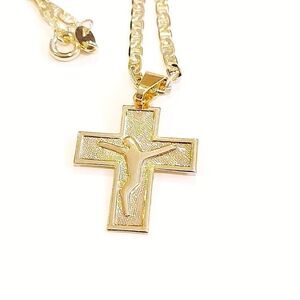 Men's Gold Plated Flat Marine Link Chain w/ Cross pendant